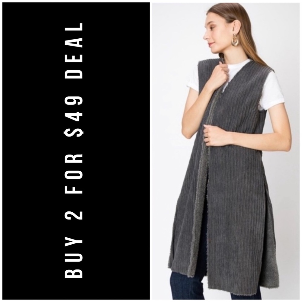 LAST1️⃣//GRAY CORDUROY FLEECE LONGLINE VEST